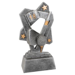 Golf Triumph resin trophy with a classic victory design and a gold golf ball