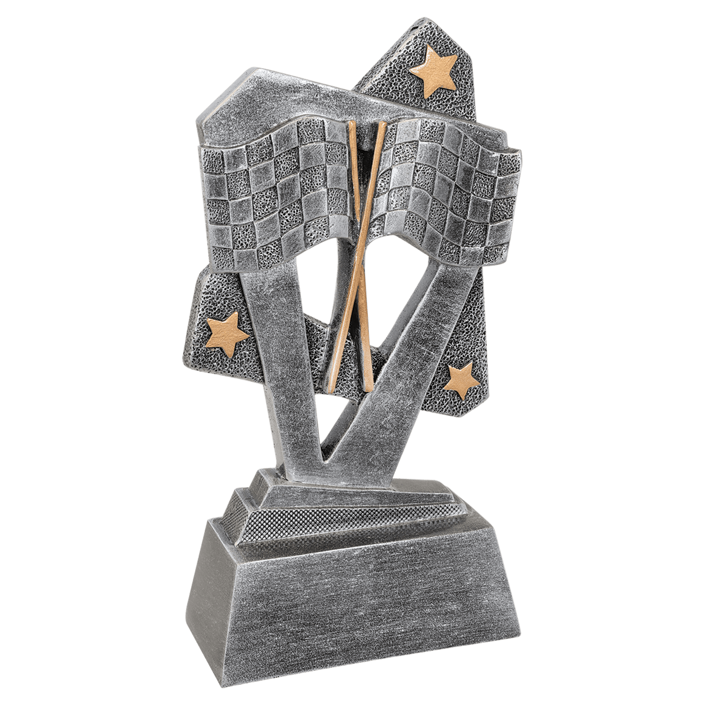 6½" Racing Triumph resin trophy, silver with gold accents and stars