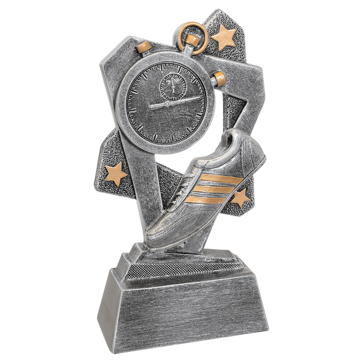 6½" Track Triumph resin trophy, silver with gold accents and stars