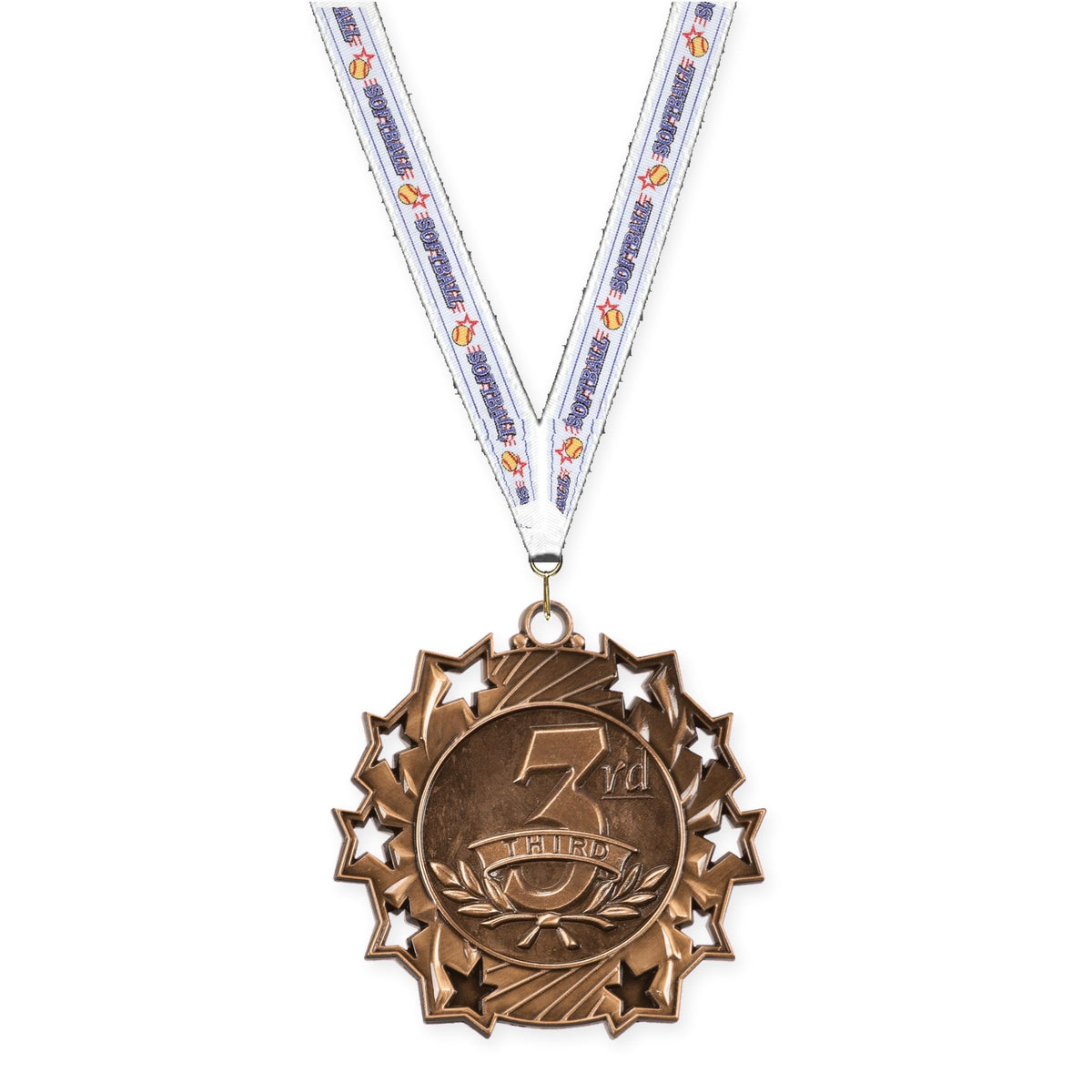 2 1/4 inch Place Ten Star medal in bronze - 3rd place with Softball neck ribbon