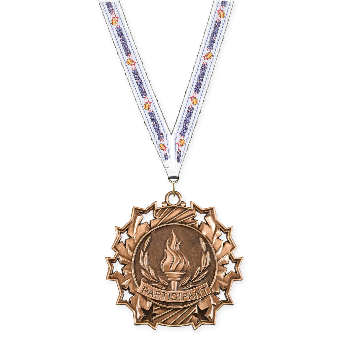 2 1/4 inch Participant Ten Star medal in antique bronze with Softball neck ribbon