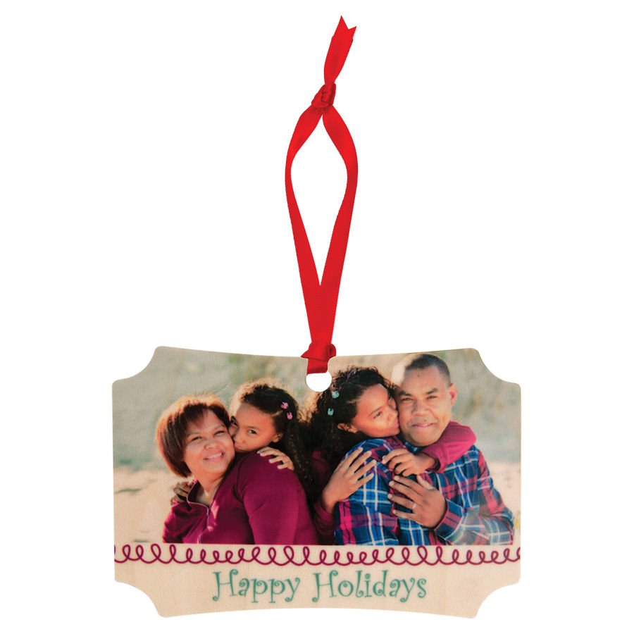 Ornate rectangle maple wood photo ornament with red ribbon