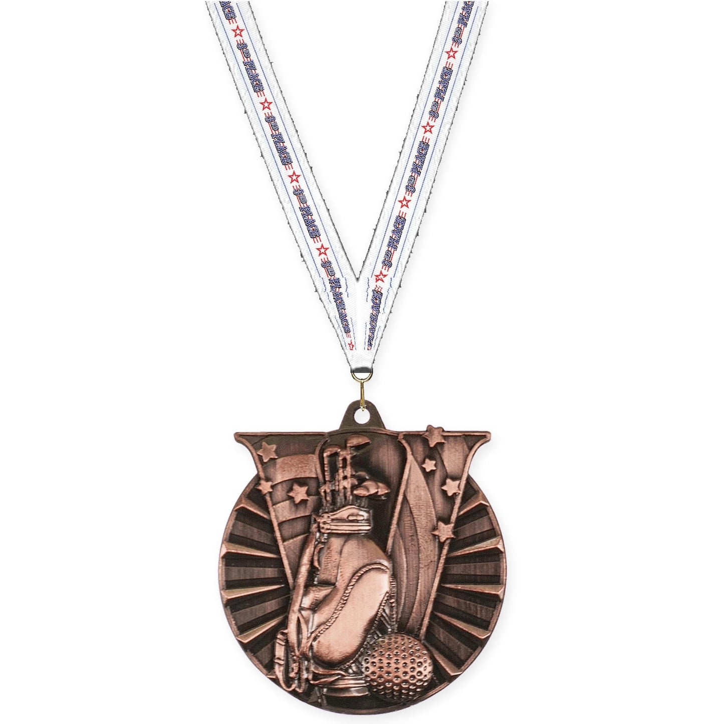 2 inch golf Victory medal in antique bronze with 3rd Place neck ribbon