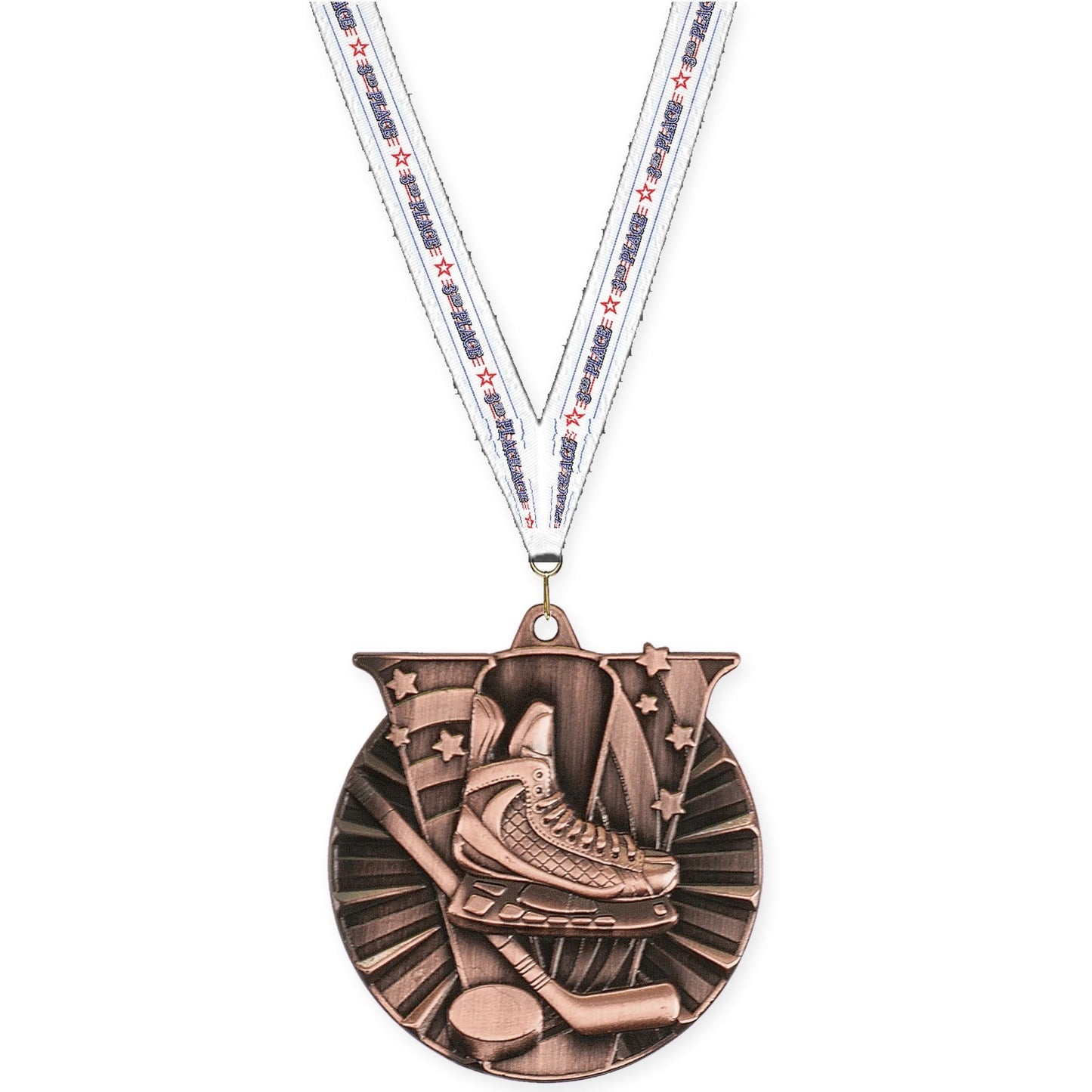 2 inch hockey Victory medal in antique bronze with 3rd Place neck ribbon