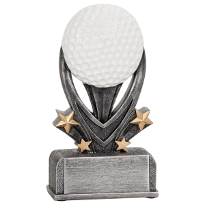 Golf Varsity Sport resin trophy with a collegiate team-spirit design and gold golf ball