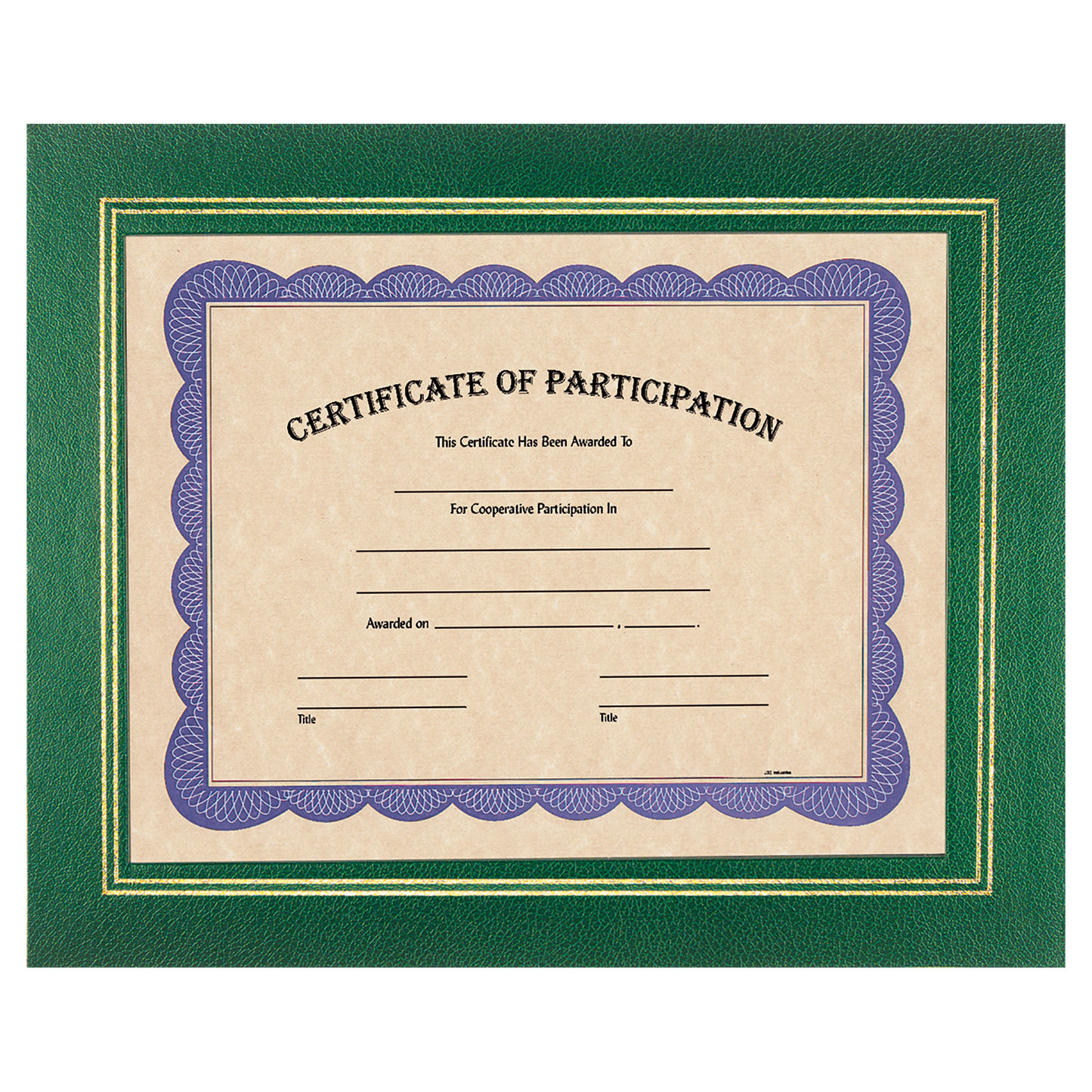 Green certificate holder with clear plastic cover for an 8.5 by 11 inch certificate