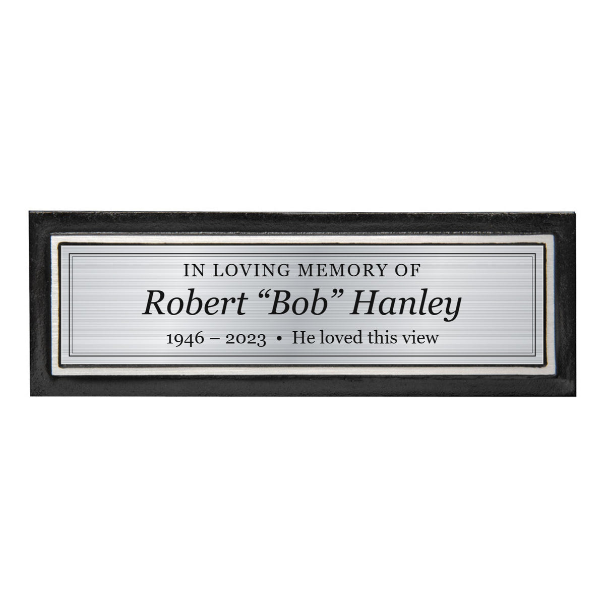 Black and silver cast aluminum memorial bench plaque with a custom engraved brushed silver plate