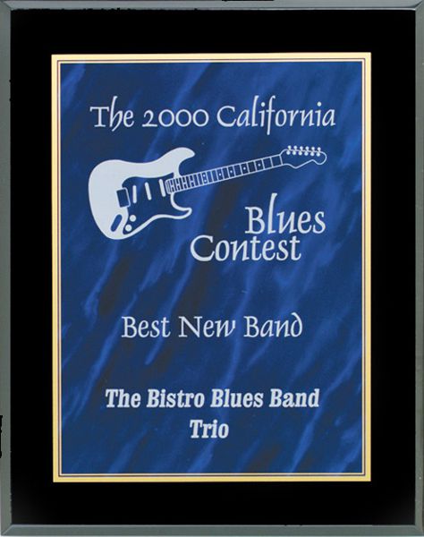 Blue marble acrylic award plaque with glossy black frame and gold inner border, engraved in white
