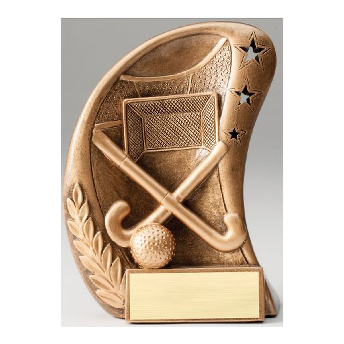 Antique gold curved field hockey resin award with crossed sticks, ball, goal, star cutouts and engraving plate