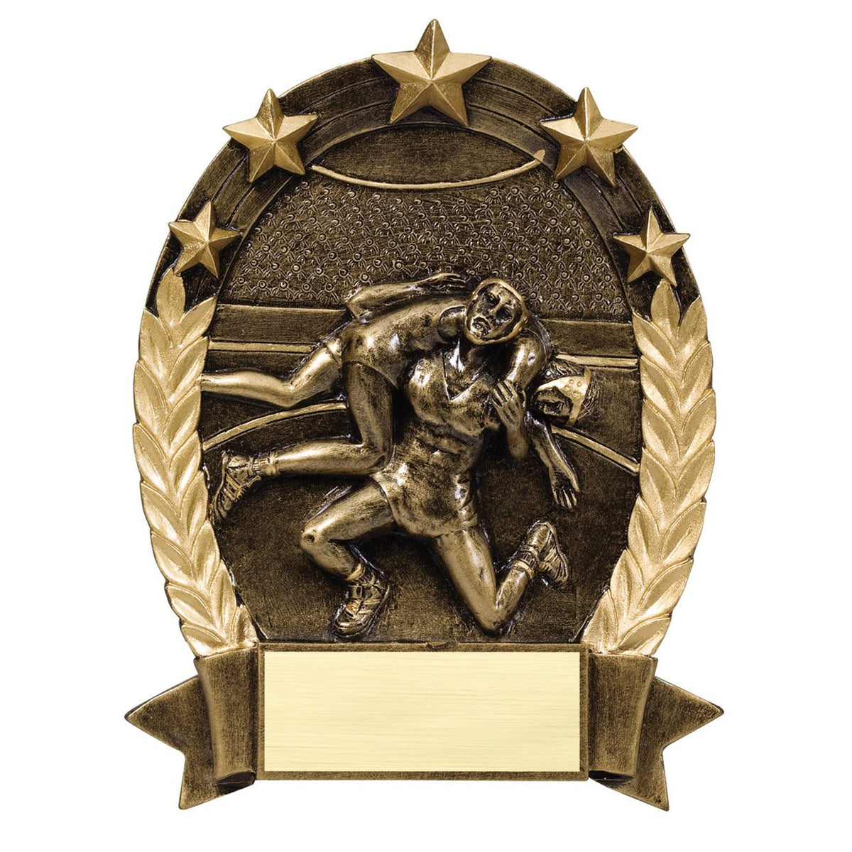 Five star wrestling oval award with sculpted wrestlers, laurel trim and banner engraving plate