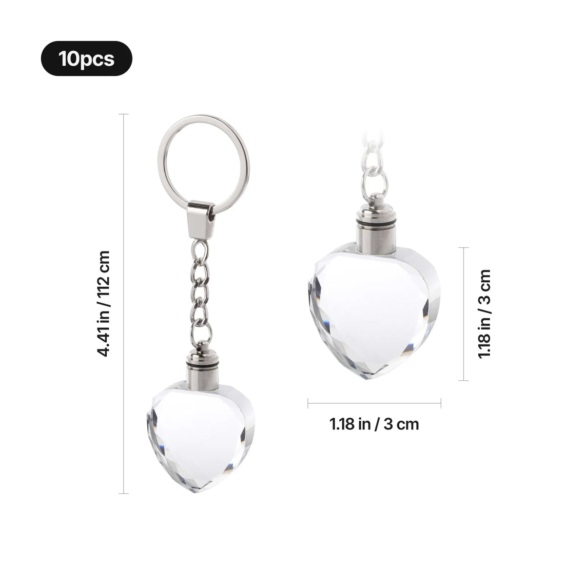 Heart crystal LED keychain size guide, 1.2 inches