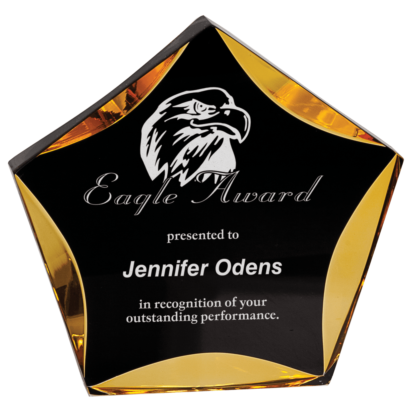 Black & Gold Luminary Star Acrylic award, 7", self-standing acrylic with clear engraving area