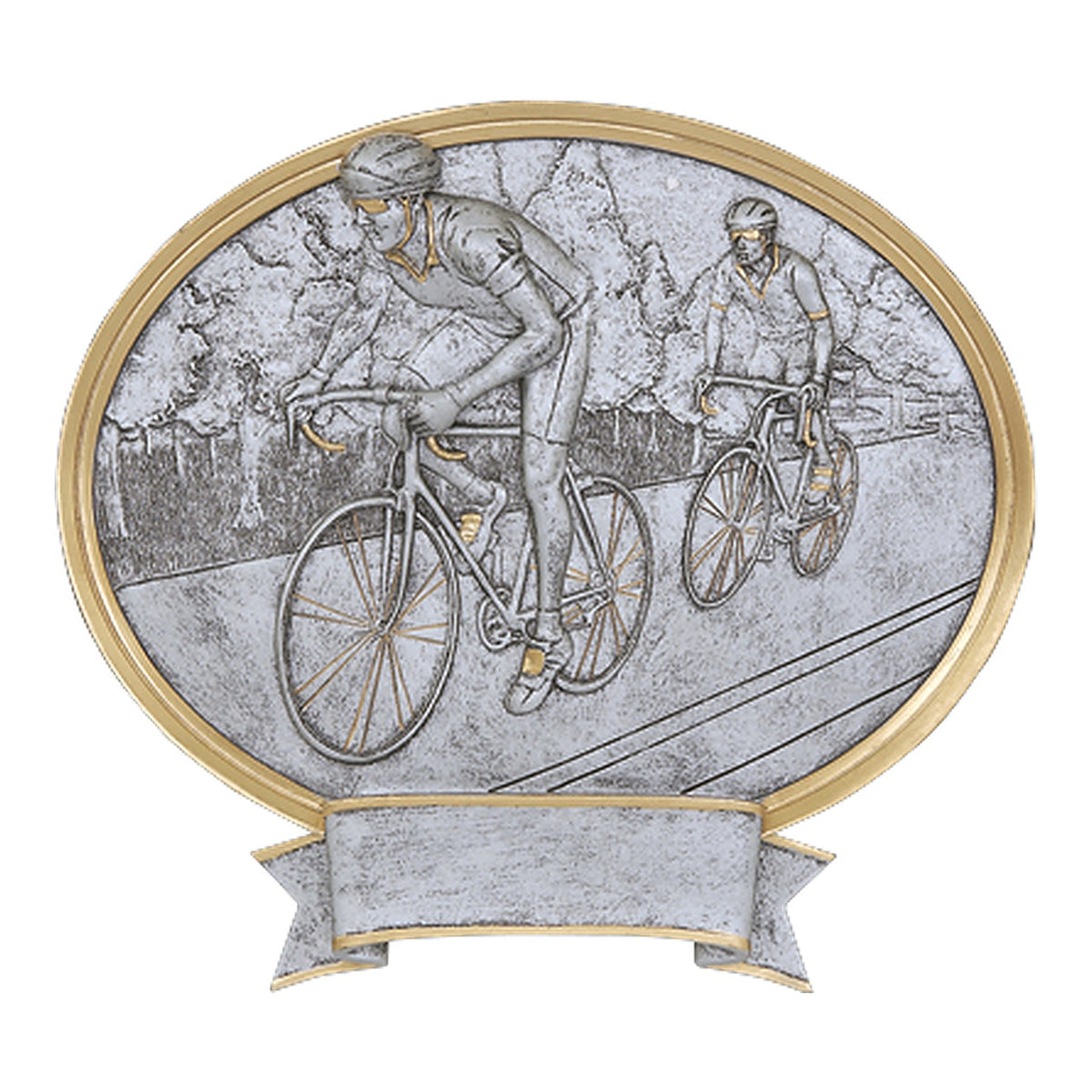 Oval Legend cycling award with two road cyclists racing in silver relief, gold trim and banner plate