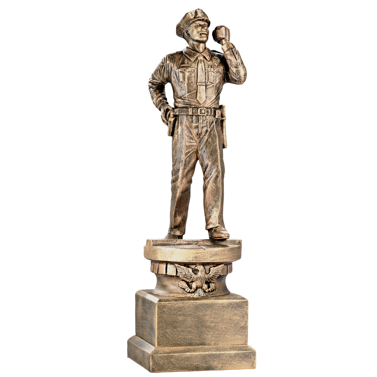 Antique gold resin male police officer with radio figure award on eagle base