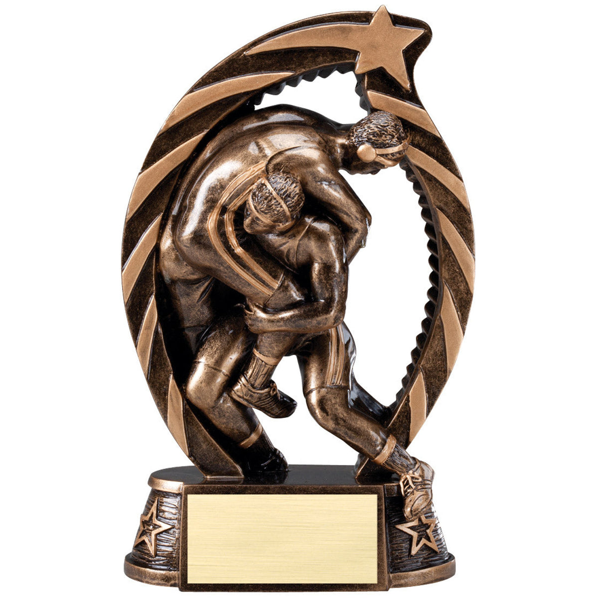 Shooting Star wrestling trophy with two sculpted wrestlers inside a bronze star arch on an engraving base