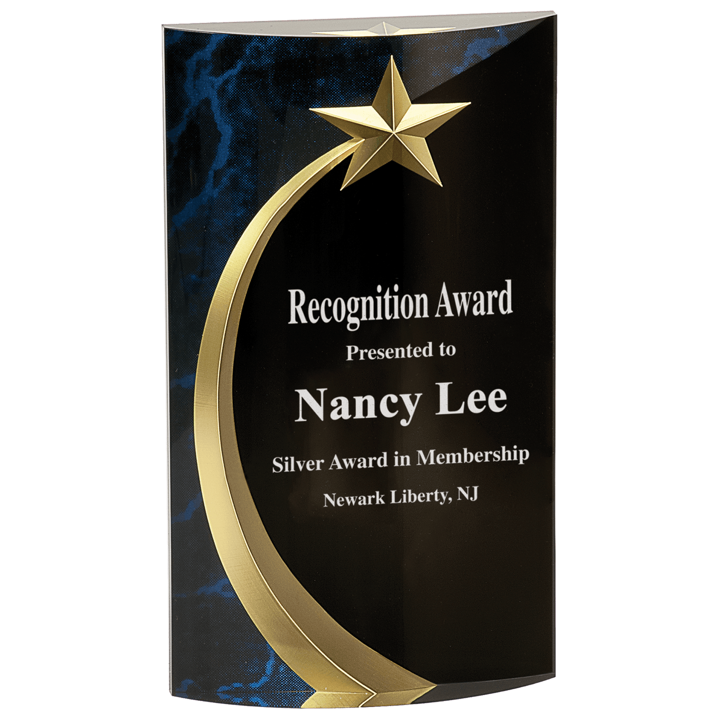 Blue Marble Rounded Shooting Star Acrylic award, 7 3/4", self-standing acrylic with clear engraving area
