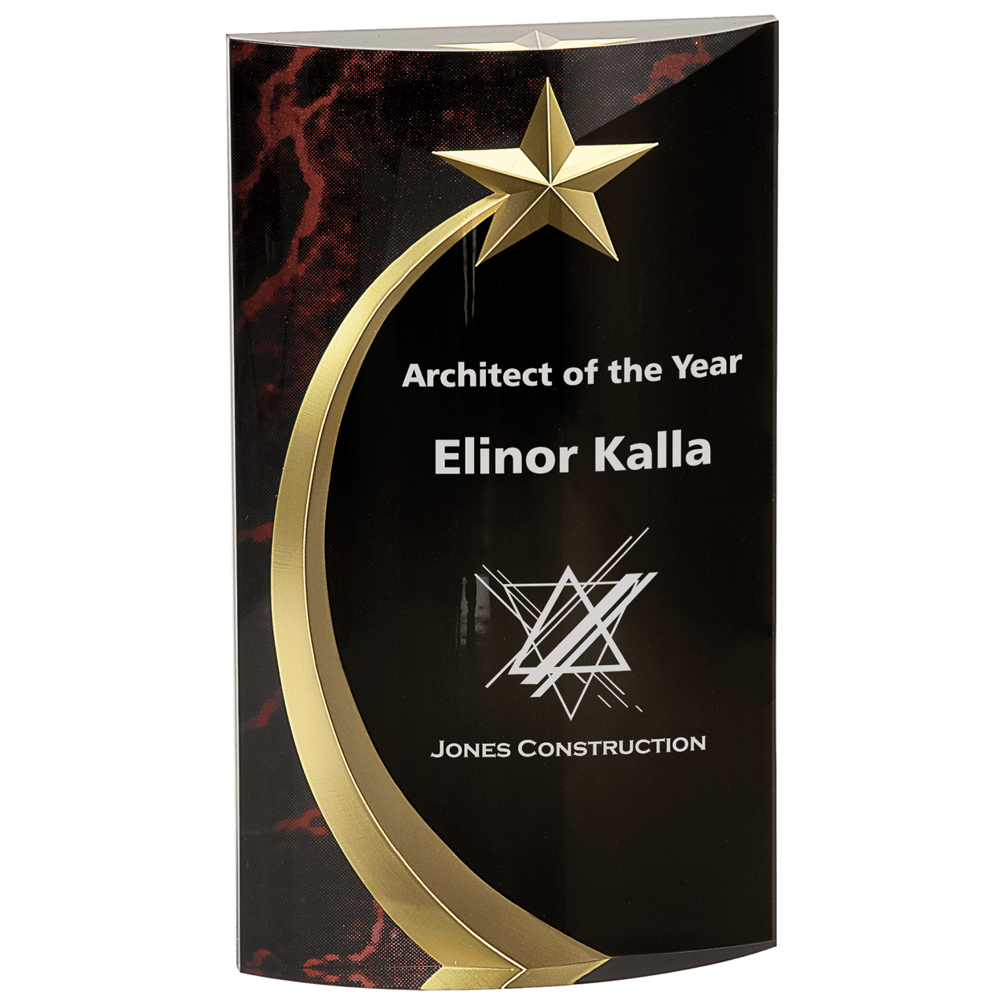 Red Marble Rounded Shooting Star Acrylic award, 7 3/4", self-standing acrylic with clear engraving area