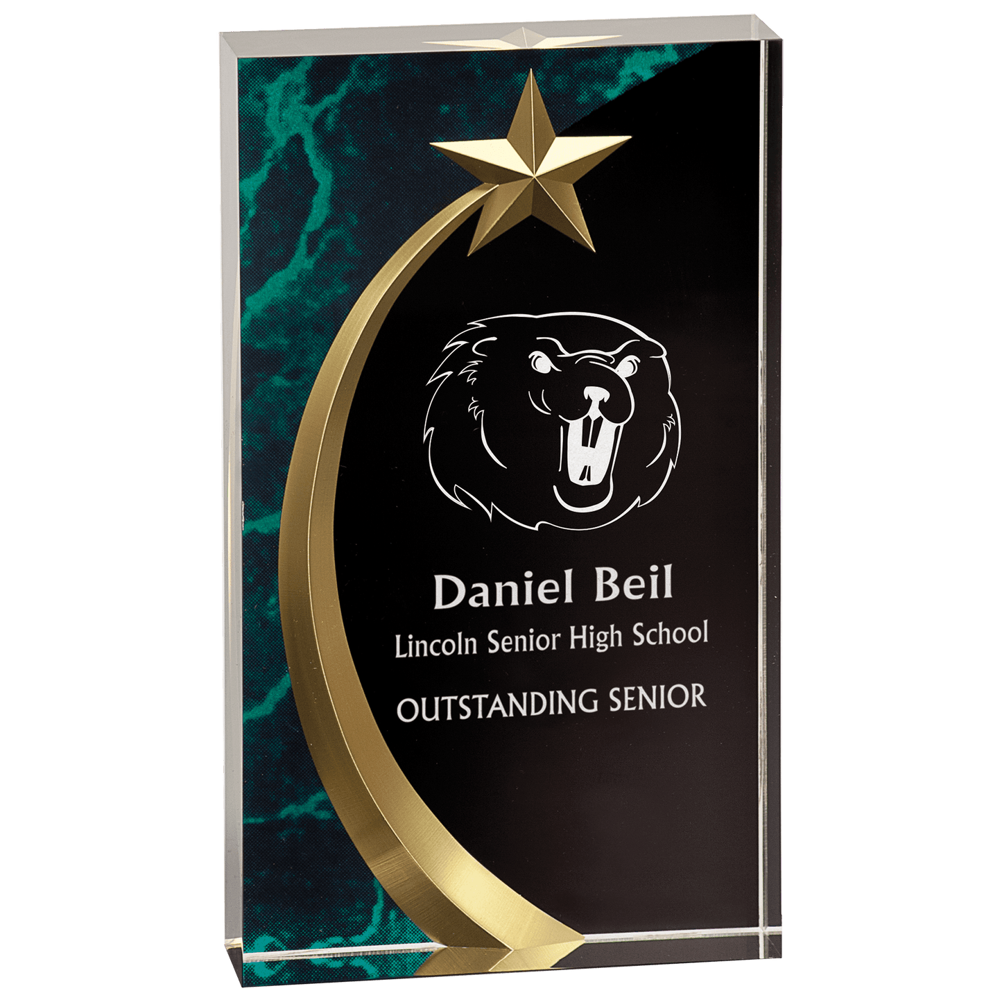 Green Marble Square Shooting Star Acrylic award, 7 3/4", self-standing acrylic with clear engraving area