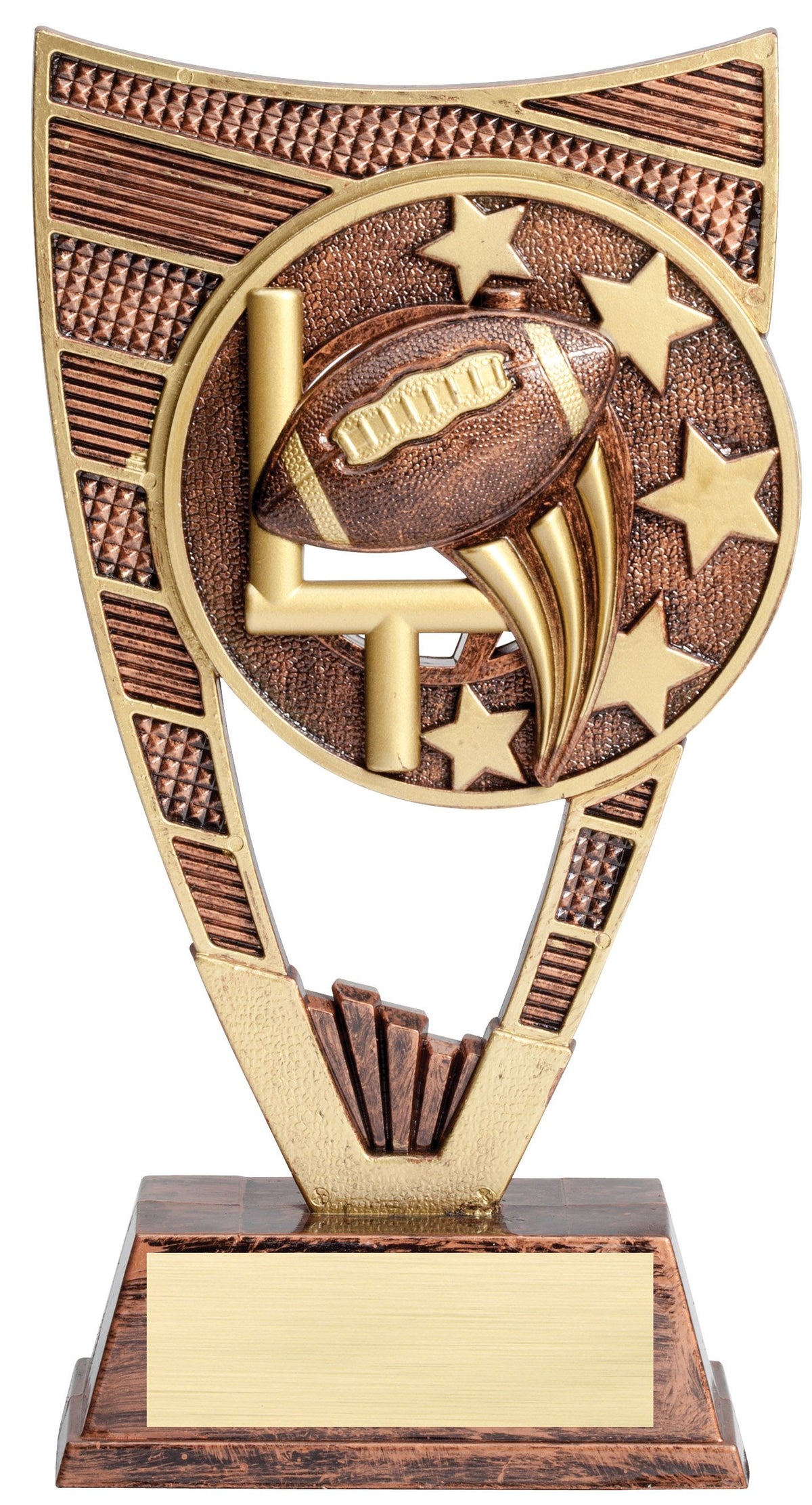 Football Goalpost Shield Resin Trophy, 9 inch, football and goalposts with gold stars in a sculpted shield