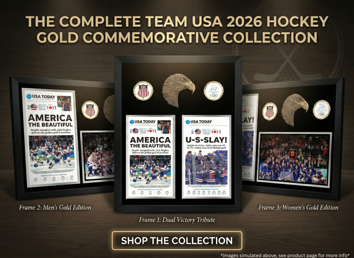 Promotional image of Team USA 2026 Hockey Gold Commemorative Collection with framed items and text.