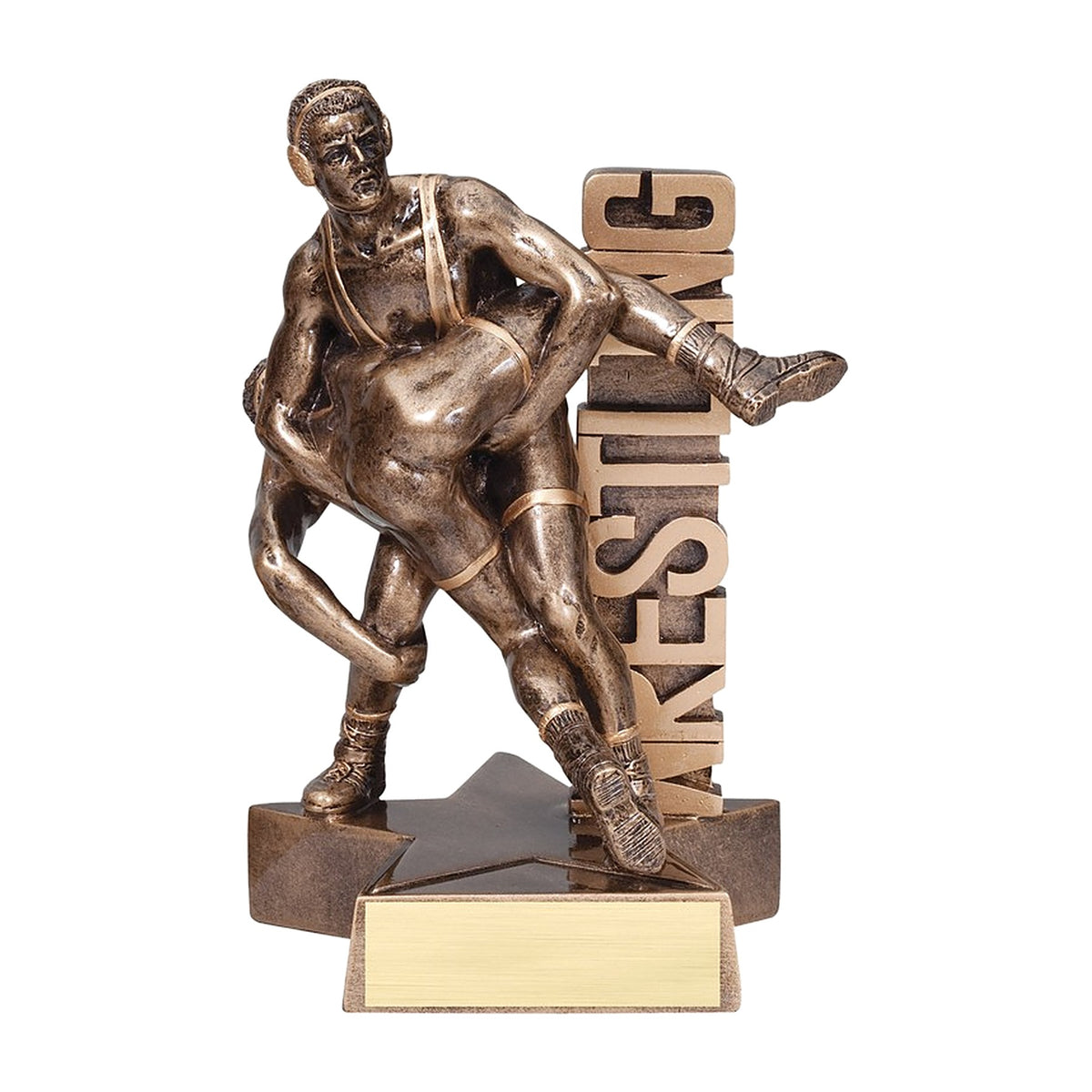 Large Billboard wrestling trophy with two bronze wrestlers in front of tall WRESTLING lettering and an engraving plate