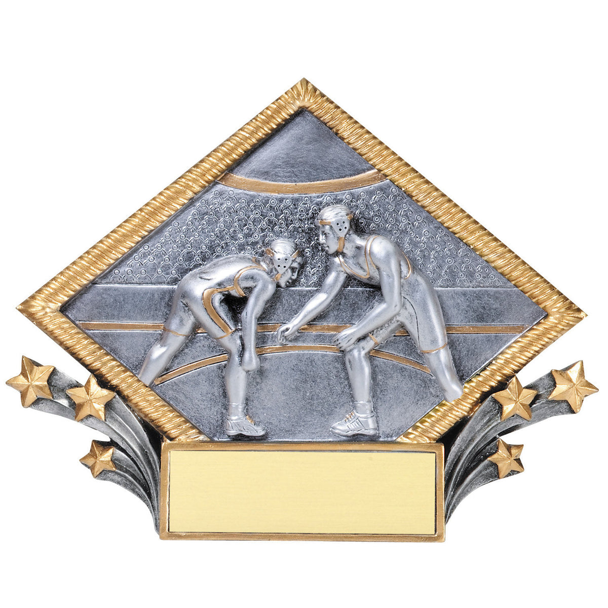 Wrestling diamond plate award with silver wrestlers on an arena background in a gold star-burst frame