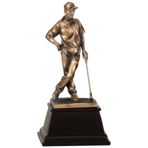 Male bronze golf resin trophy featuring a golfer figure finishing a swing on a column base