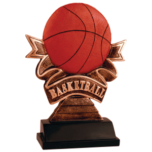 Basketball Ribbon resin trophy with a victory ribbon framing a gold basketball