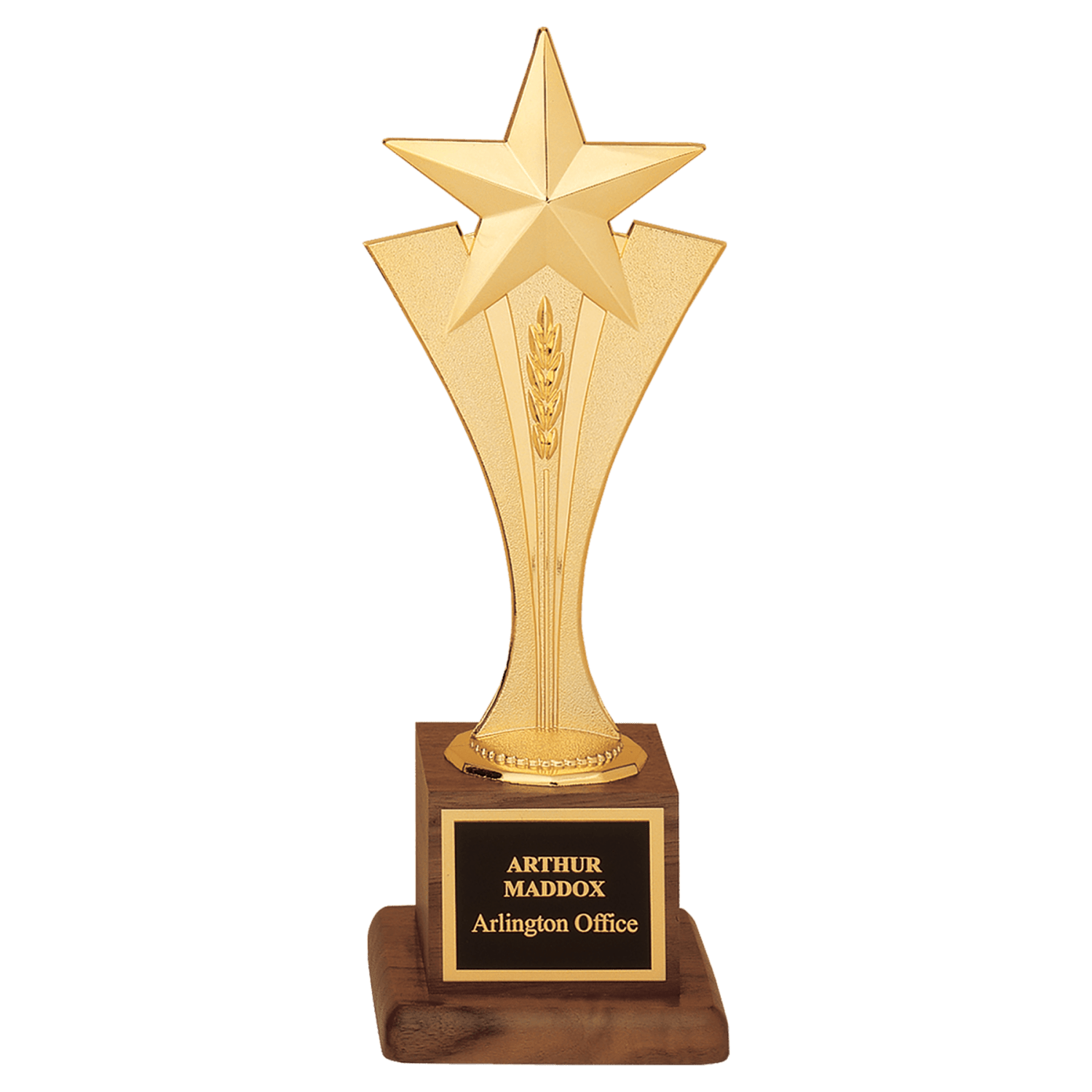 3 1/2" x 10" Modern Goldtone Star Casting on a Walnut Finish Base