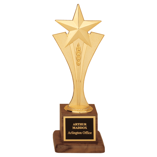3 1/2" x 10" Modern Goldtone Star Casting on a Walnut Finish Base