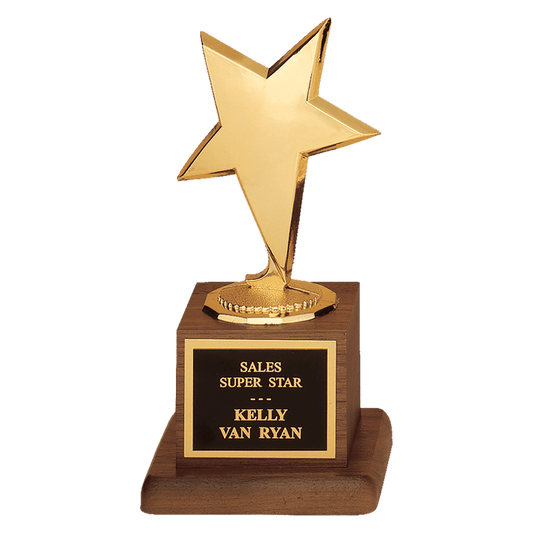 3 1/2" x 6 3/4" Modern Star Casting in Goldtone Finish on Walnut Finish Base