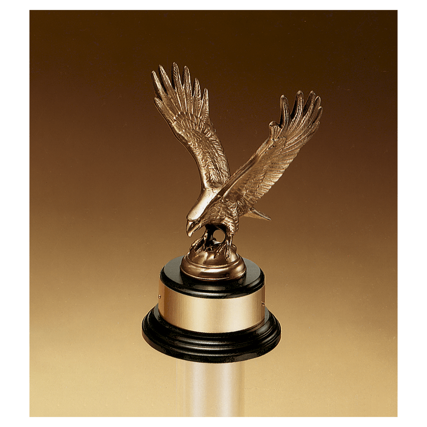 Fully modeled antique bronze eagle casting on a glossy black piano finish base with a gold flex brass engraving plate, 9 inches tall