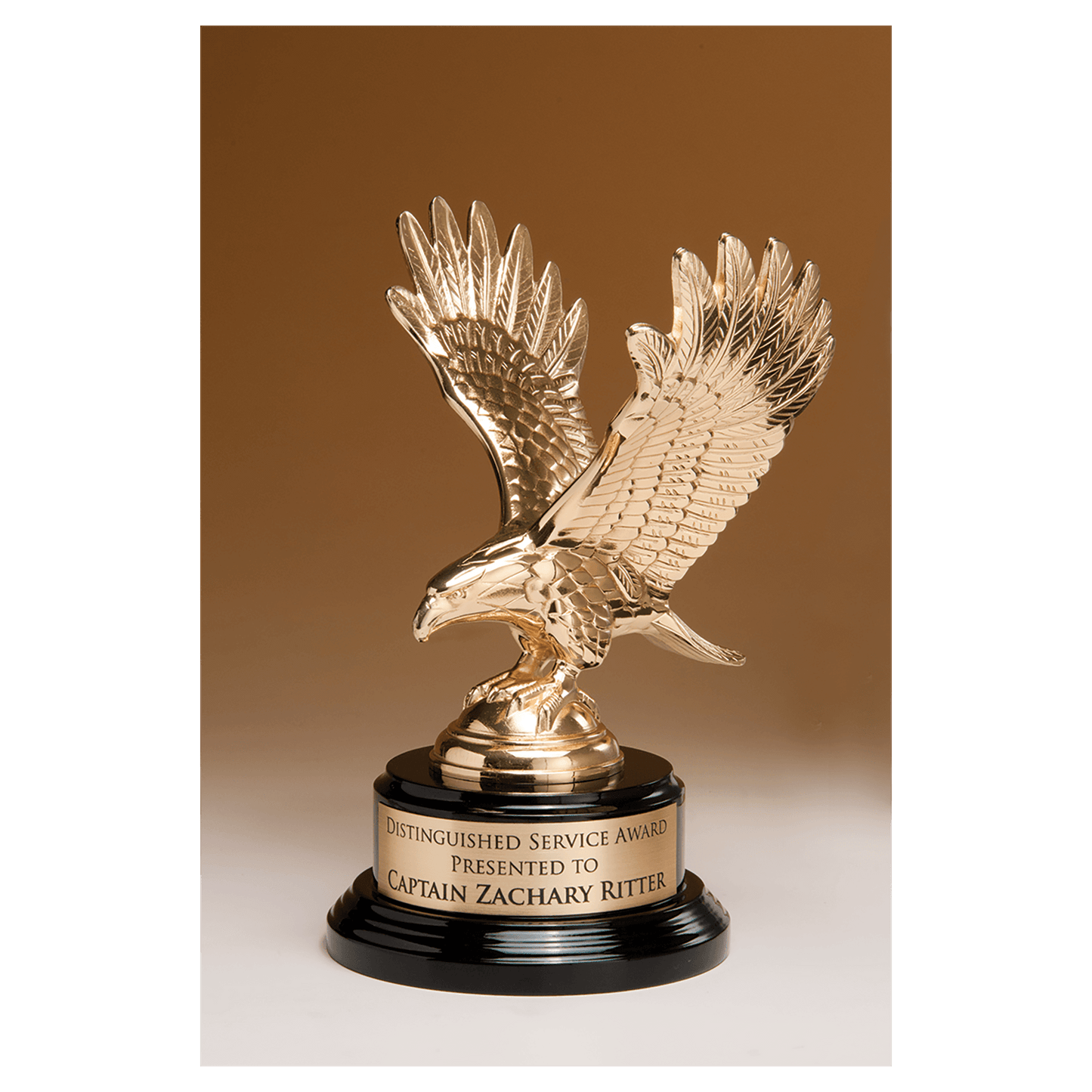 Fully modeled gold finish metal eagle on a glossy black piano finish base with a gold flex brass engraving plate, 9 inches tall