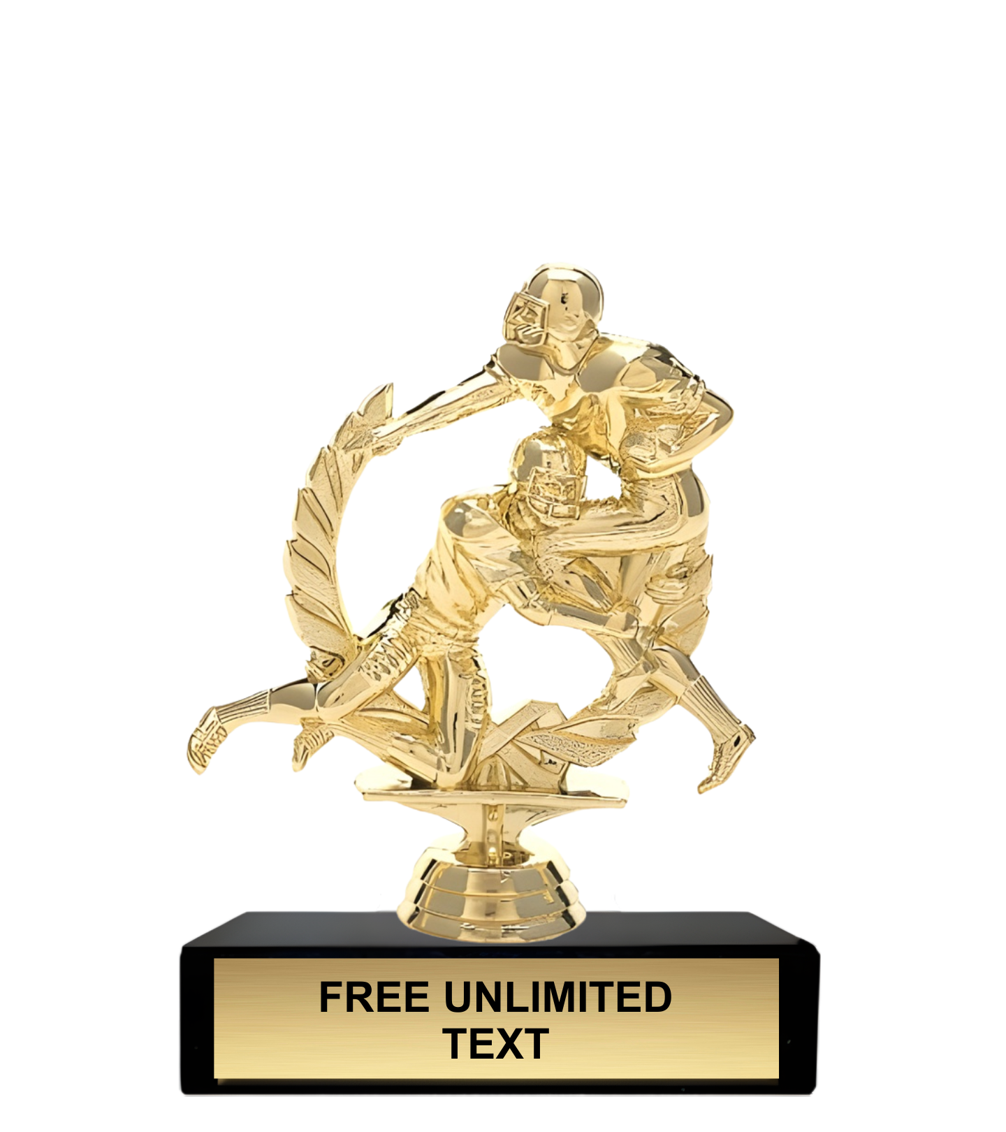 Gold trophy with a figure of two football players tackling, on a black marble base.