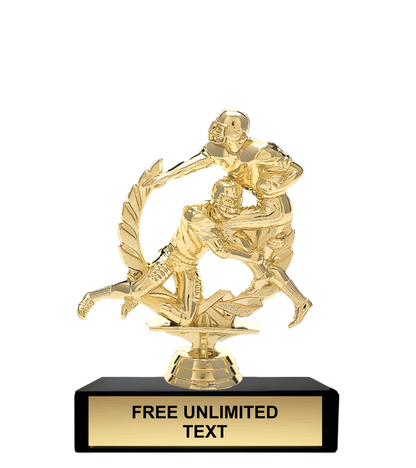 Gold trophy with a figure of two football players tackling, on a black marble base.