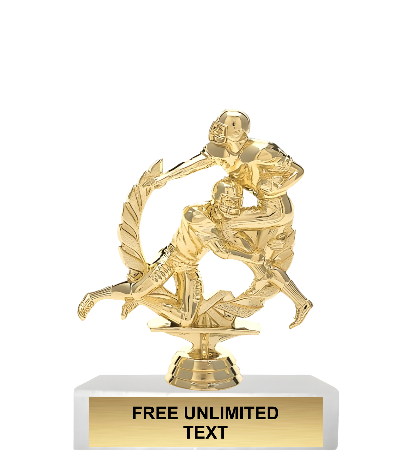 Gold trophy with a figure of two football players tackling, on a white background.