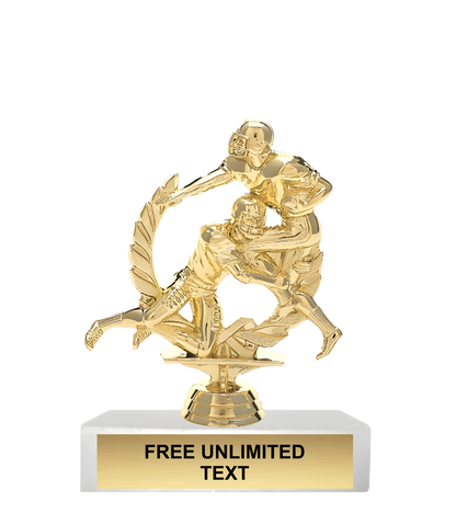Gold trophy with a figure of two football players tackling, on a white background.