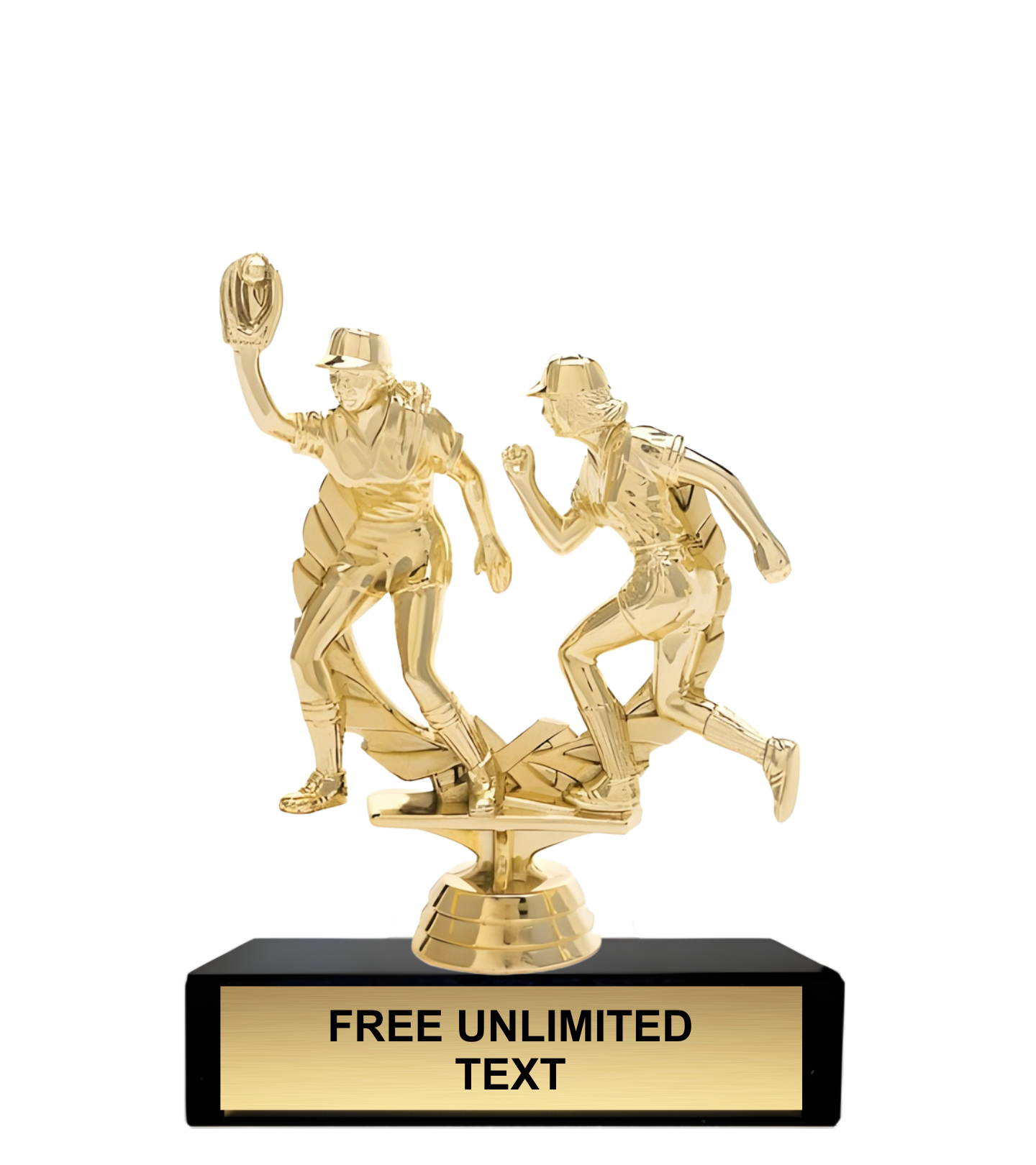 Gold trophy featuring two softball player figures on a black base with text space.
