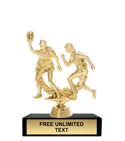 Gold trophy featuring two softball player figures on a black base with text space.