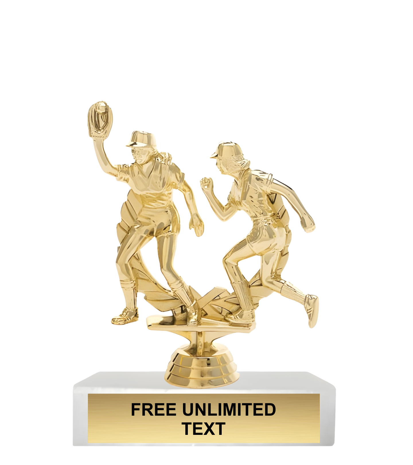 Gold trophy featuring two softball player figures on a white base with text space.