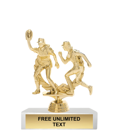 Gold trophy featuring two softball player figures on a white base with text space.