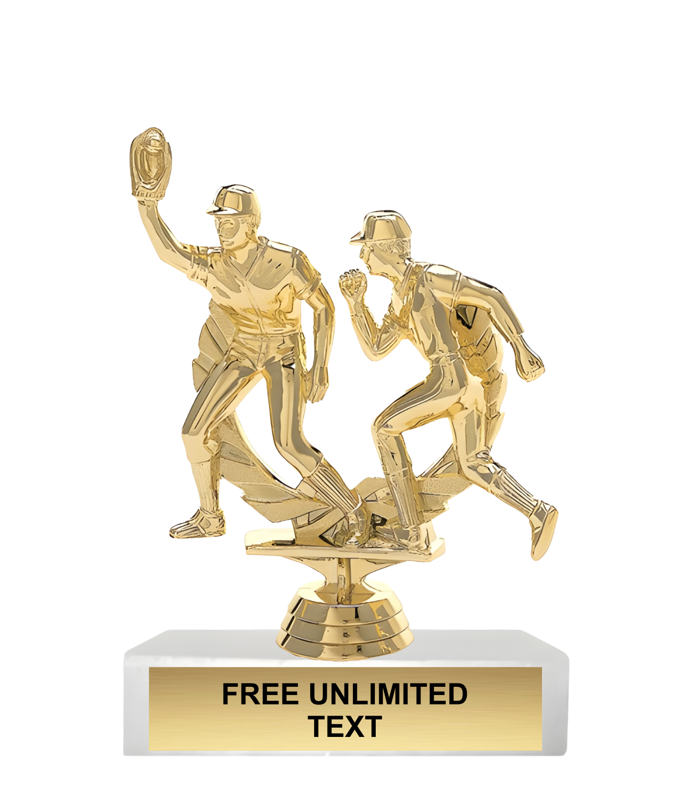 Gold baseball trophy featuring two figures, one holding a ball and the other running, on a white background.