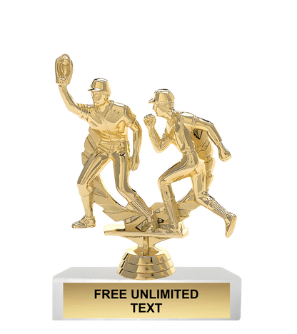 Gold baseball trophy featuring two figures, one holding a ball and the other running, on a white background.
