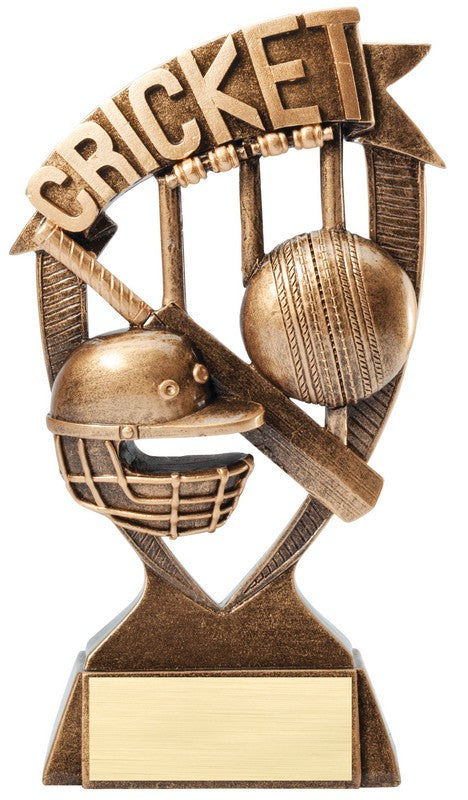 Cricket banner resin trophy with helmet, bat, ball and wickets in antique gold, 7 inches