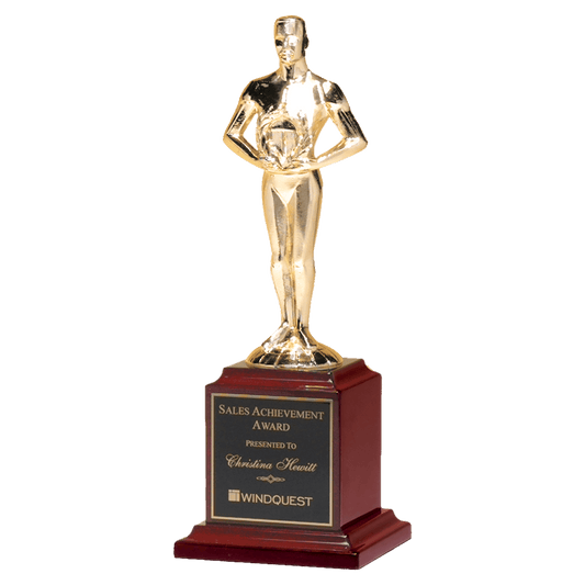 13 1/2" Cast Metal Goldtone Finish Classic Achiever Figure on a Rosewood Piano Finish Base