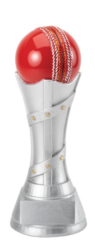 Victory Tower cricket resin trophy with red cricket ball on silver spiral column, 9 inches