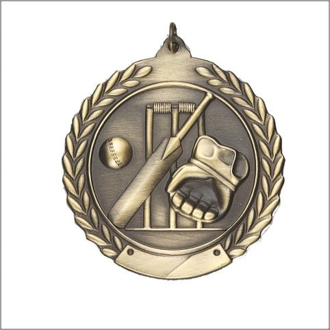 2 3/4 inch cricket wreath medal in antique gold with bat, ball, wickets and glove