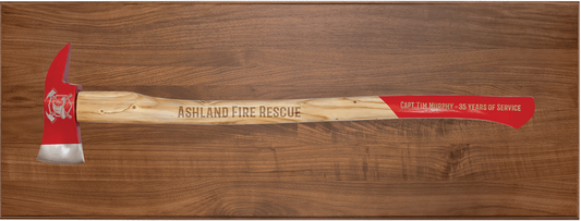 Firefighter axe with red head and wood handle mounted on a 16 by 42 inch genuine walnut step-edge presentation plaque
