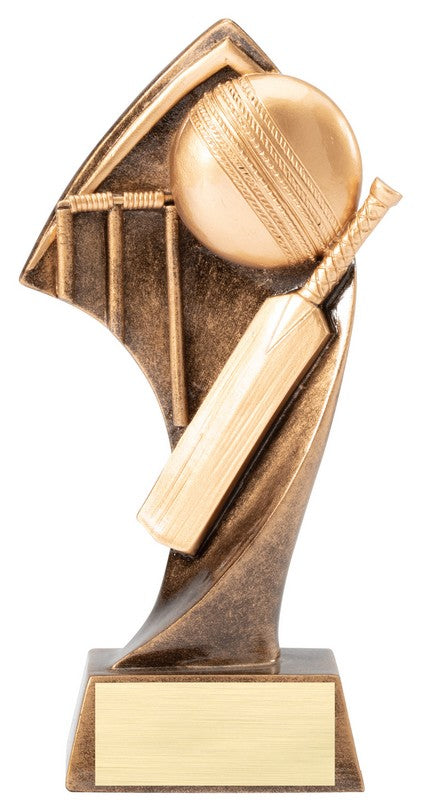 Cricket bat, ball and wicket resin trophy in antique gold, 6 3/4 inches