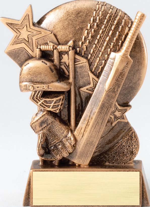 Hype cricket resin award with helmet, gloves, bat, ball and star in antique gold, 5 1/4 inches